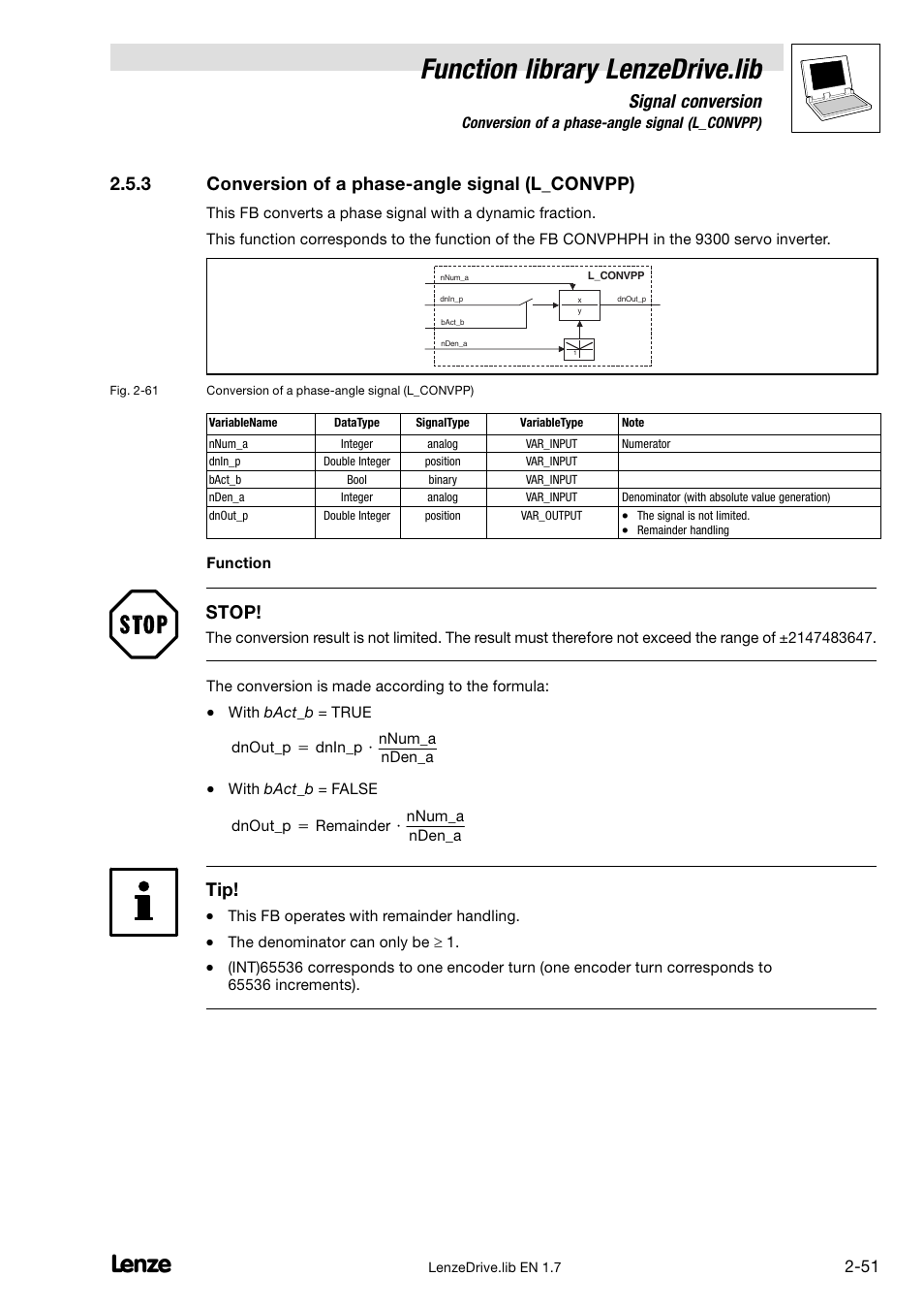 3 conversion of a phase-angle signal (l_convpp), Conversion of a phase−angle signal (l_convpp), Function library lenzedrive.lib | Signal conversion, 3 conversion of a phase−angle signal (l_convpp), Stop | Lenze DDS Function library Drive User Manual | Page 61 / 103