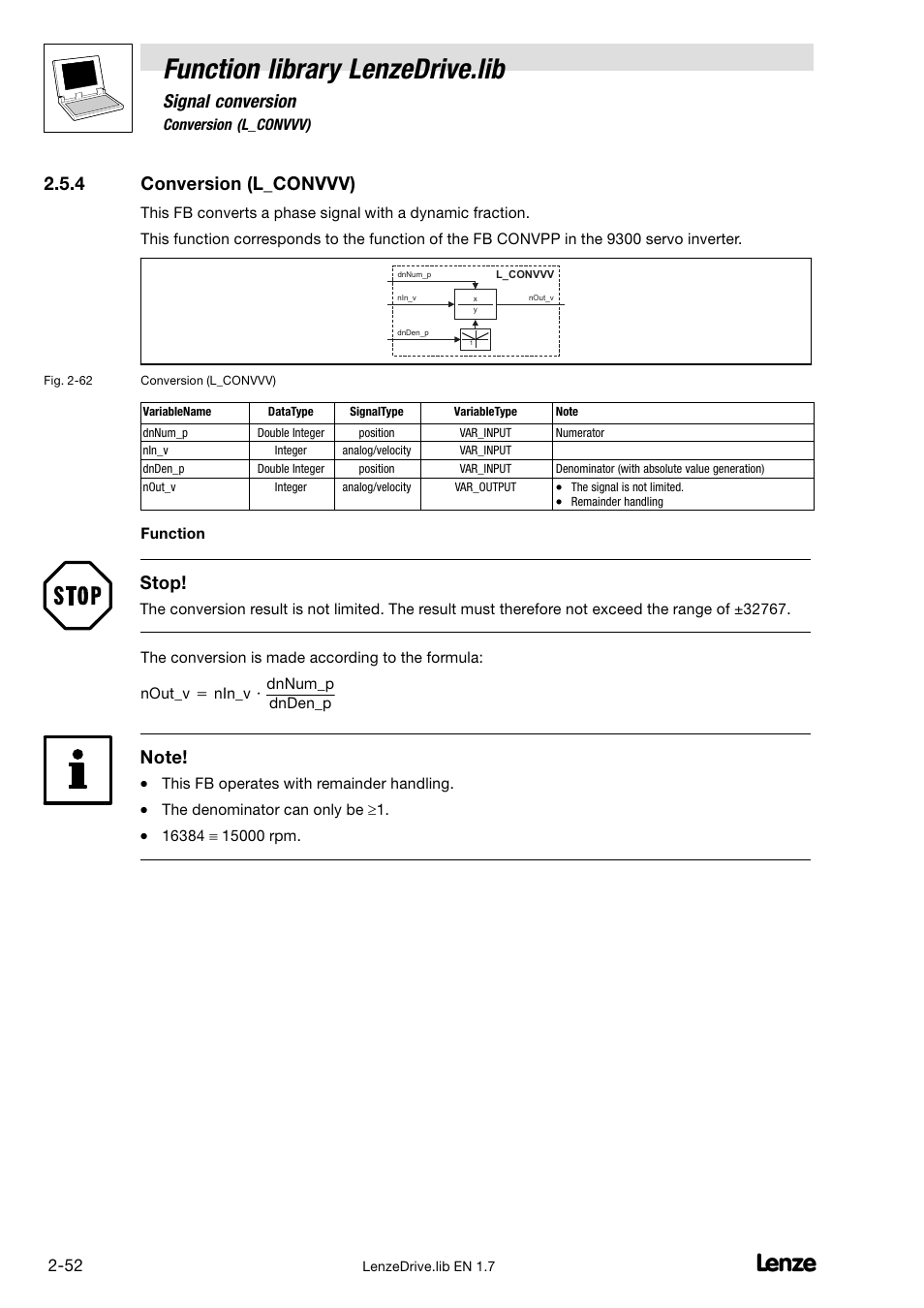 4 conversion (l_convvv), Conversion (l_convvv), Function library lenzedrive.lib | Signal conversion, Stop | Lenze DDS Function library Drive User Manual | Page 62 / 103
