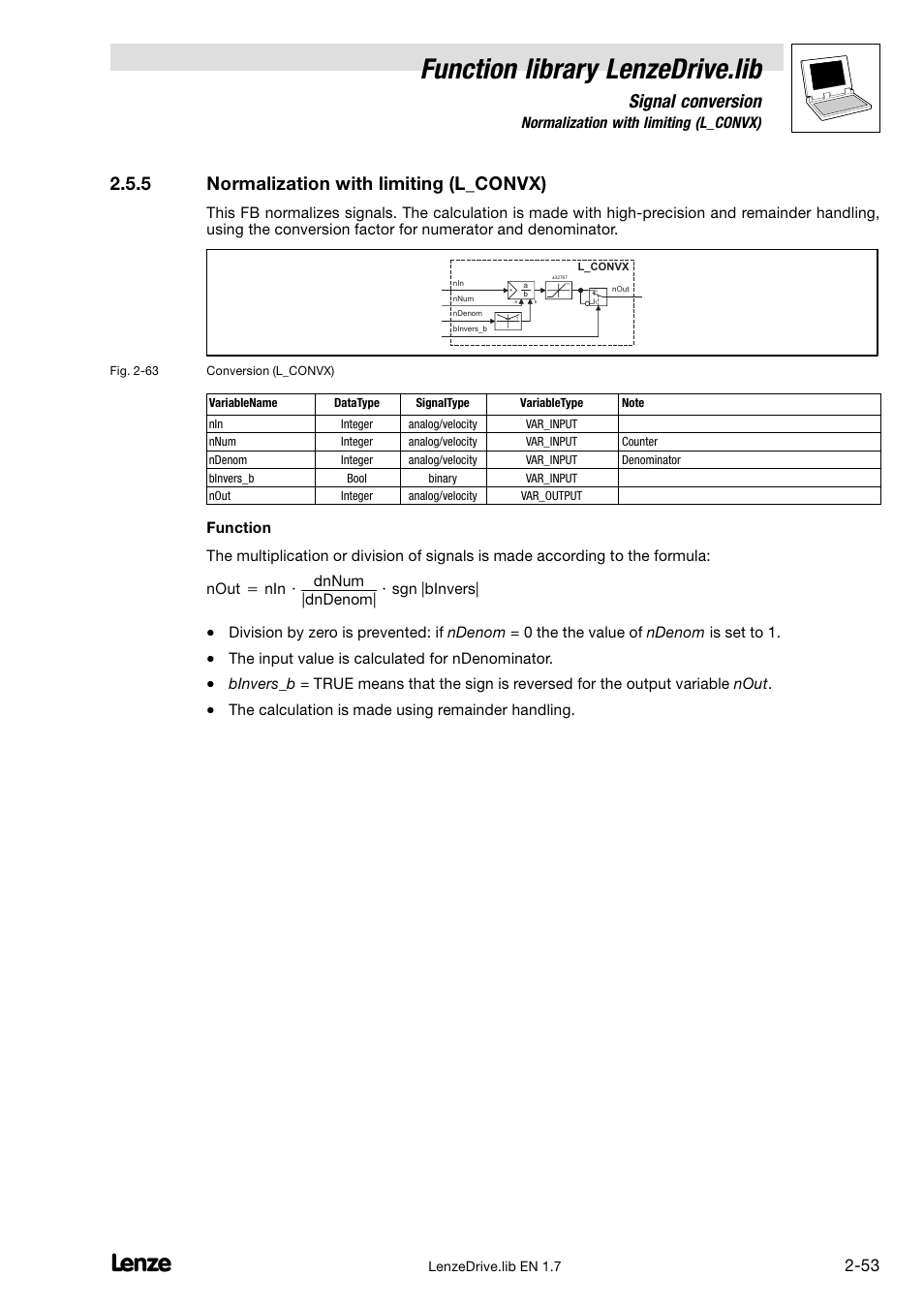 5 normalization with limiting (l_convx), Normalization with limiting (l_convx), Function library lenzedrive.lib | Signal conversion | Lenze DDS Function library Drive User Manual | Page 63 / 103
