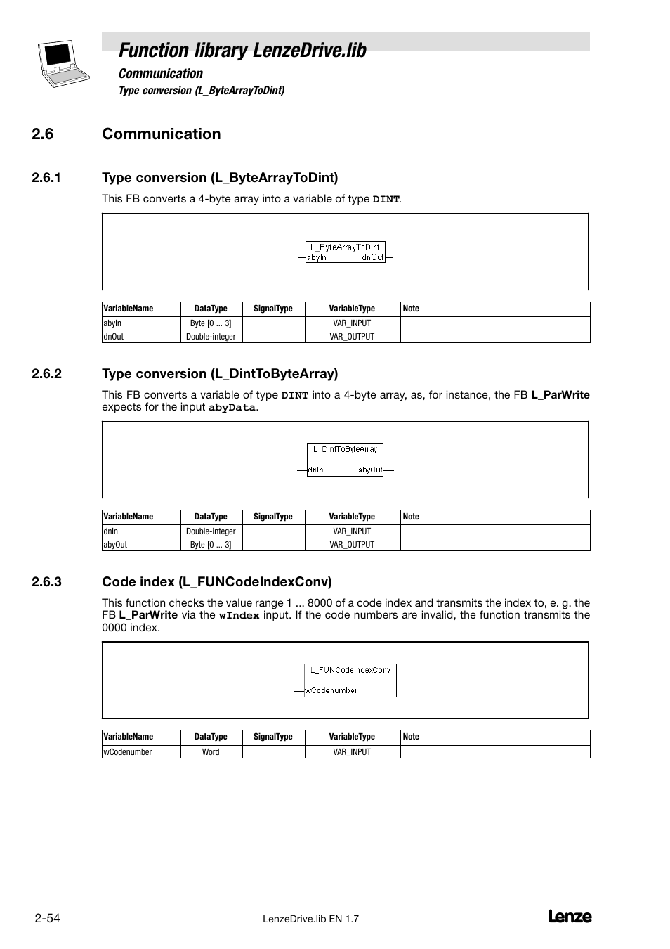 6 communication, 1 type conversion (l_bytearraytodint), 2 type conversion (l_dinttobytearray) | 3 code index (l_funcodeindexconv), Communication, Type conversion (l_bytearraytodint), Type conversion (l_dinttobytearray), Code index (l_funcodeindexconv), Function library lenzedrive.lib | Lenze DDS Function library Drive User Manual | Page 64 / 103