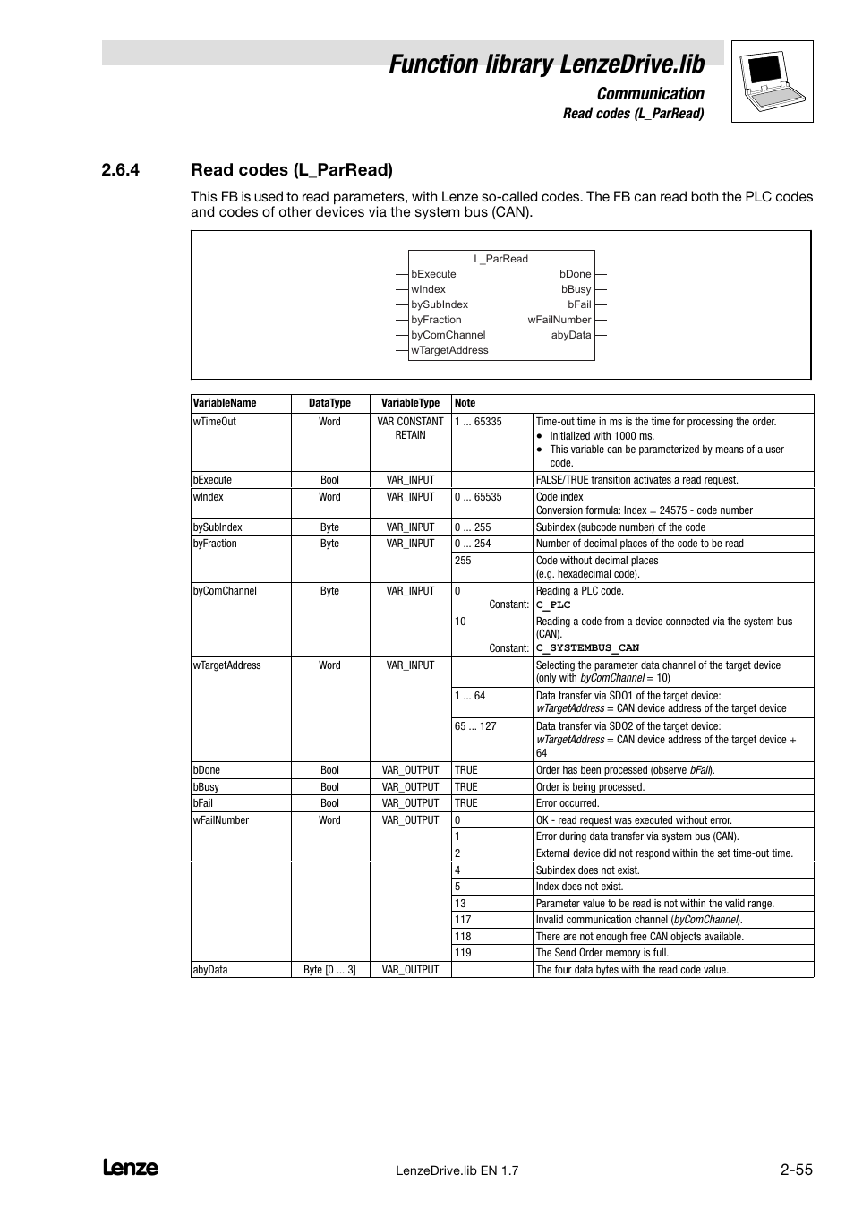 4 read codes (l_parread), Read codes (l_parread), Function library lenzedrive.lib | Communication | Lenze DDS Function library Drive User Manual | Page 65 / 103