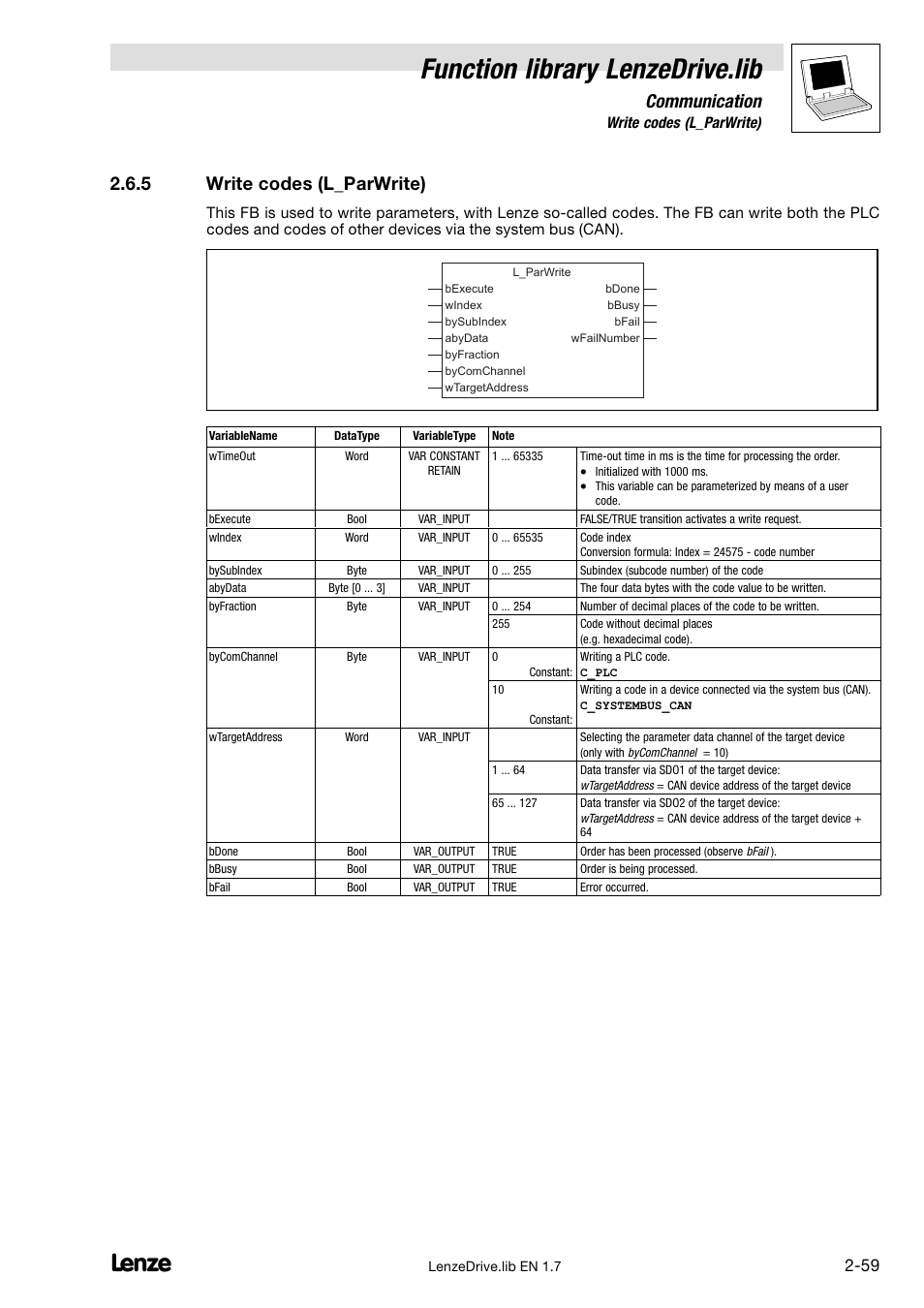 5 write codes (l_parwrite), Write codes (l_parwrite), Function library lenzedrive.lib | Communication | Lenze DDS Function library Drive User Manual | Page 69 / 103