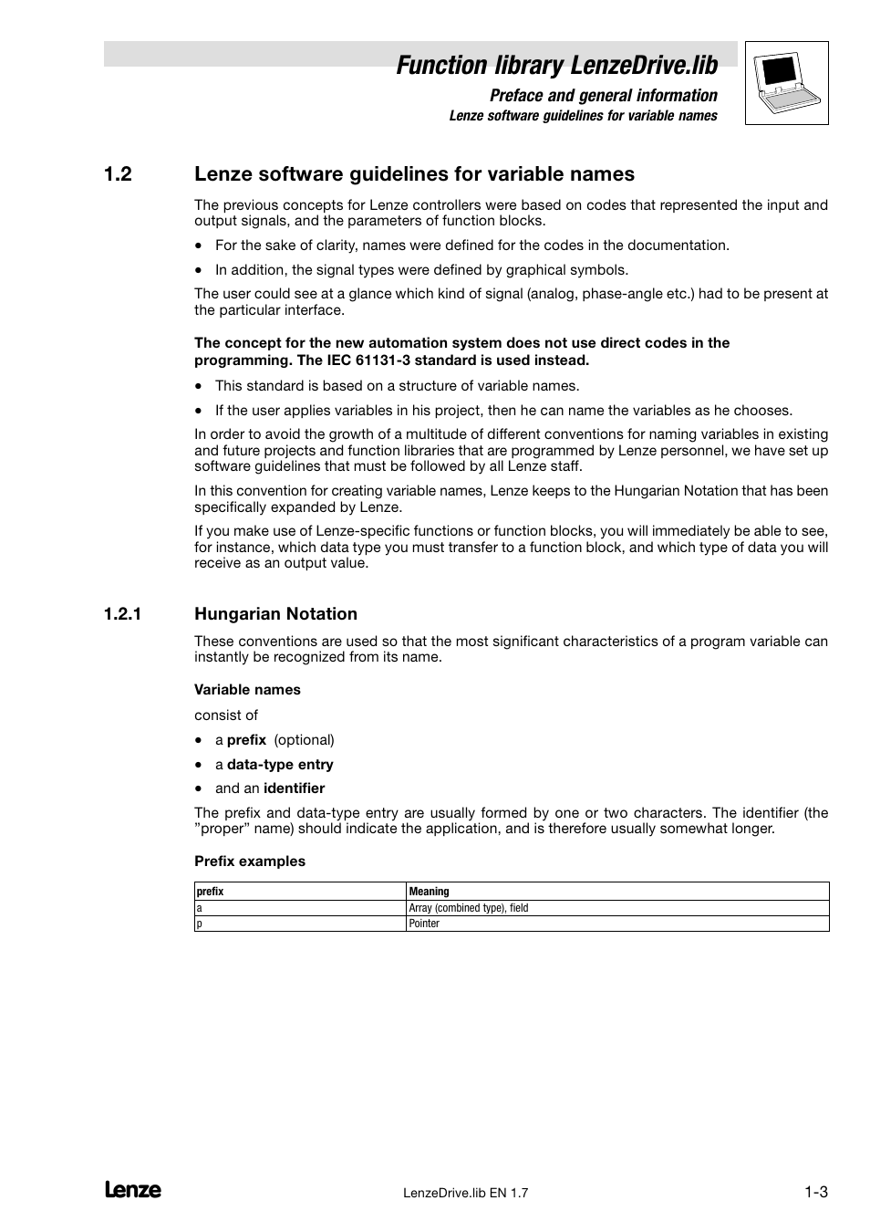 2 lenze software guidelines for variable names, 1 hungarian notation, Lenze software guidelines for variable names | Hungarian notation, Function library lenzedrive.lib | Lenze DDS Function library Drive User Manual | Page 7 / 103