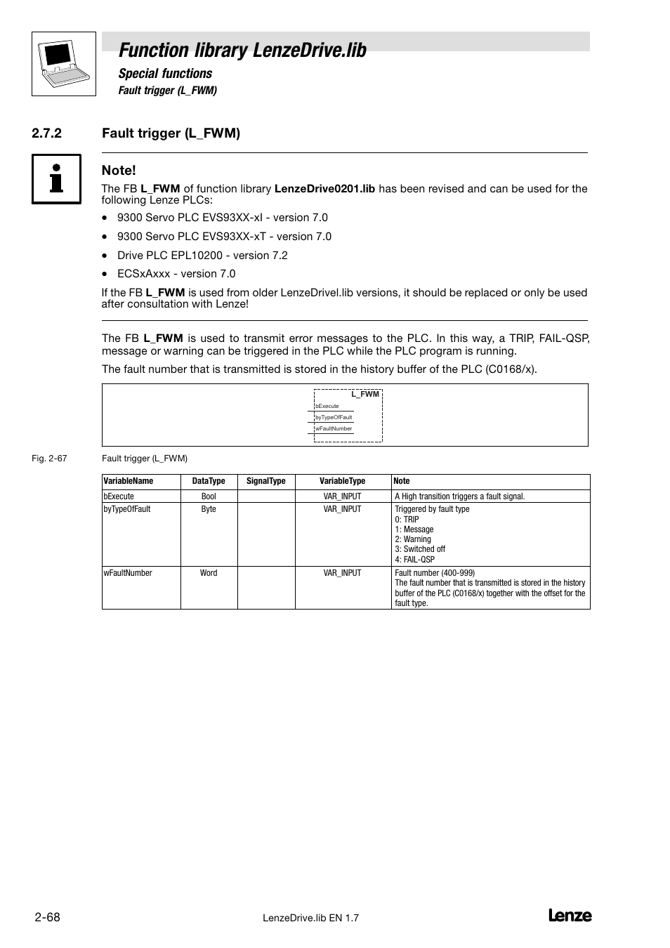 2 fault trigger (l_fwm), Fault trigger (l_fwm), Function library lenzedrive.lib | Special functions | Lenze DDS Function library Drive User Manual | Page 78 / 103
