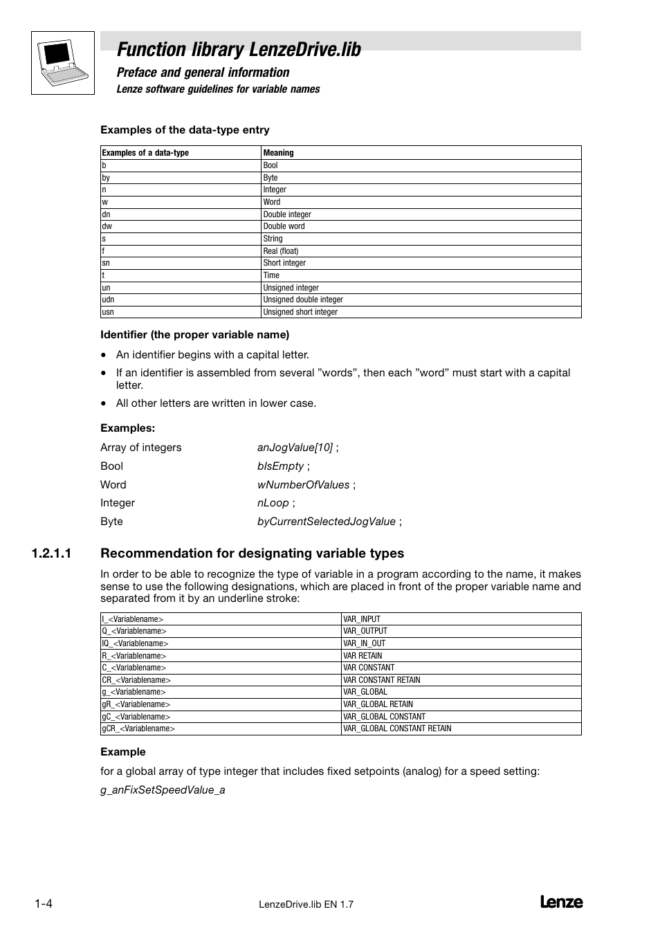 Recommendation for designating variable types, Function library lenzedrive.lib, Preface and general information | 1 recommendation for designating variable types | Lenze DDS Function library Drive User Manual | Page 8 / 103
