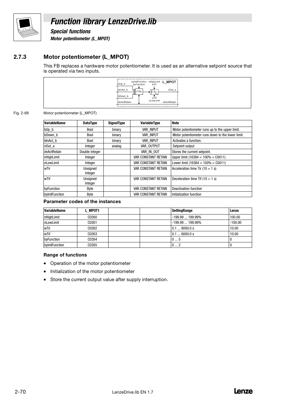 3 motor potentiometer (l_mpot), Motor potentiometer (l_mpot), Function library lenzedrive.lib | Special functions, Parameter codes of the instances, Range of functions, Operation of the motor potentiometer, Initialization of the motor potentiometer | Lenze DDS Function library Drive User Manual | Page 80 / 103
