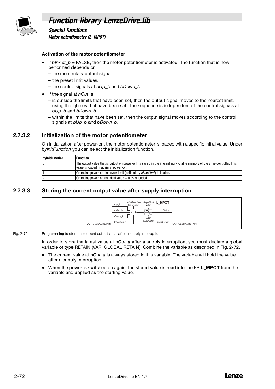 Function library lenzedrive.lib, Special functions, 2 initialization of the motor potentiometer | Lenze DDS Function library Drive User Manual | Page 82 / 103
