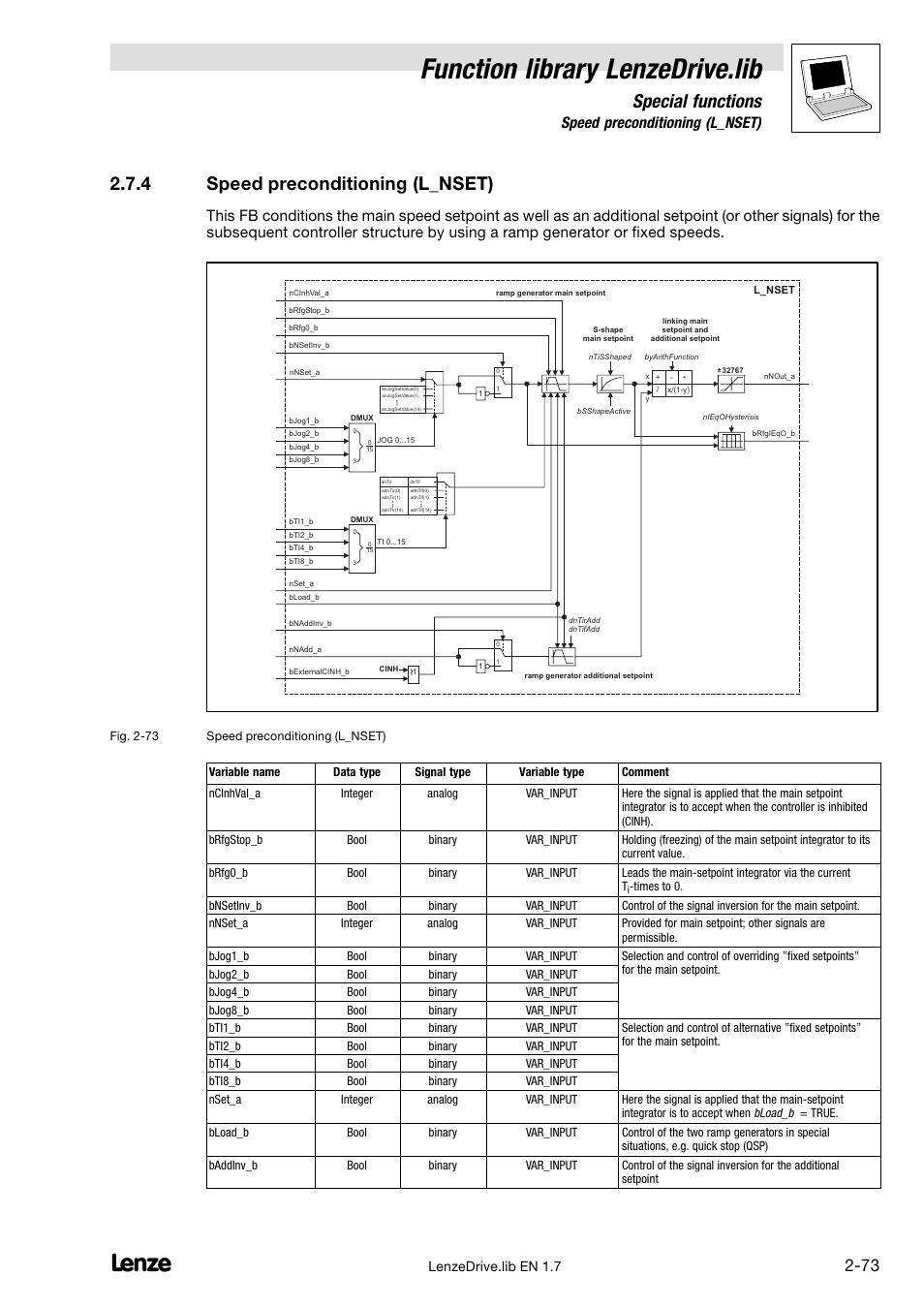 4 speed preconditioning (l_nset), Speed preconditioning (l_nset), Function library lenzedrive.lib | Special functions, Lenzedrive.lib en 1.7 | Lenze DDS Function library Drive User Manual | Page 83 / 103