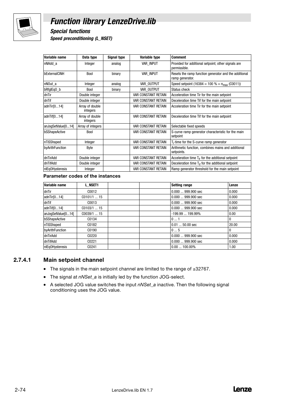 Function library lenzedrive.lib, Special functions, 1 main setpoint channel | Lenze DDS Function library Drive User Manual | Page 84 / 103