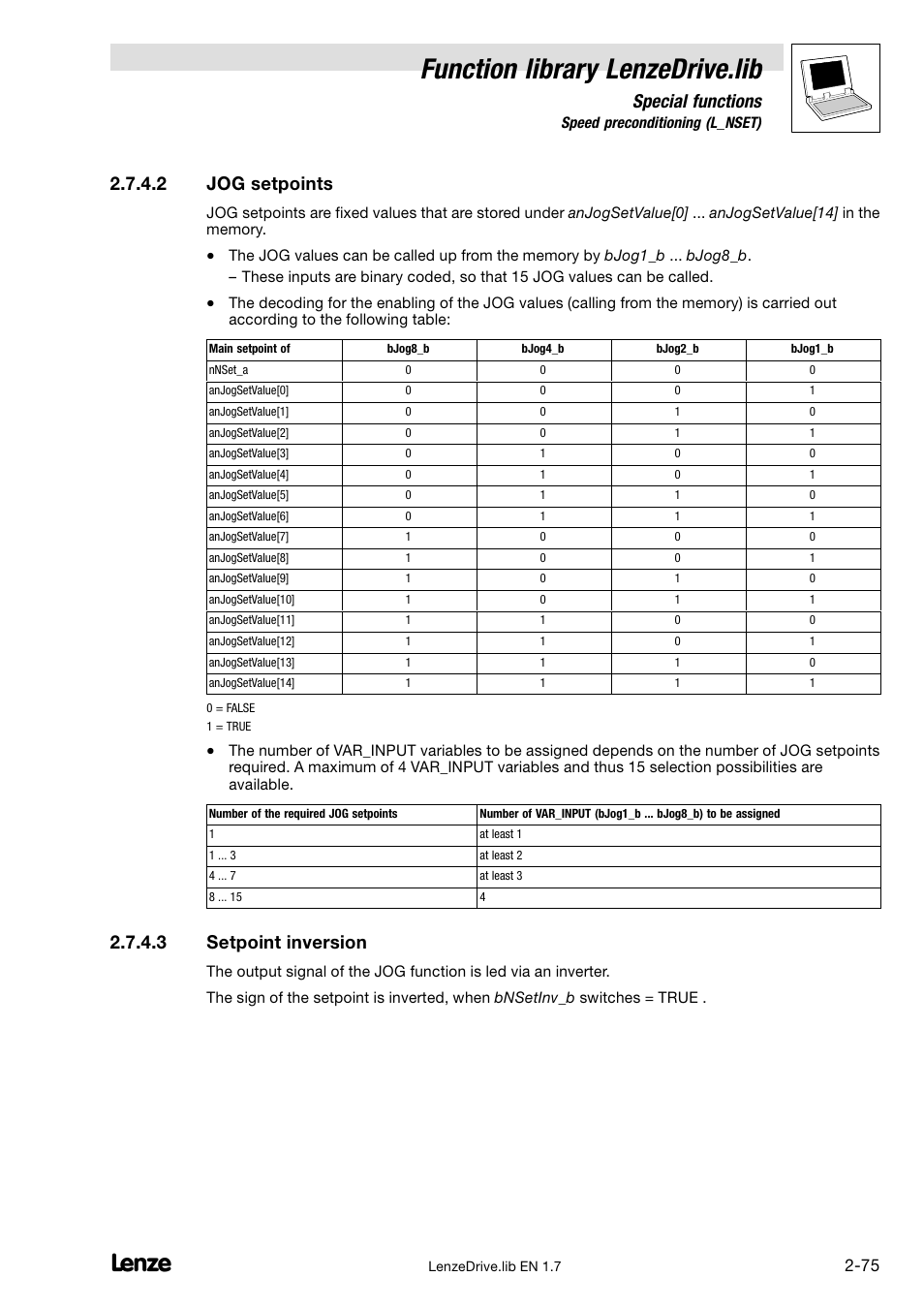 Function library lenzedrive.lib, Special functions, 2 jog setpoints | 3 setpoint inversion | Lenze DDS Function library Drive User Manual | Page 85 / 103