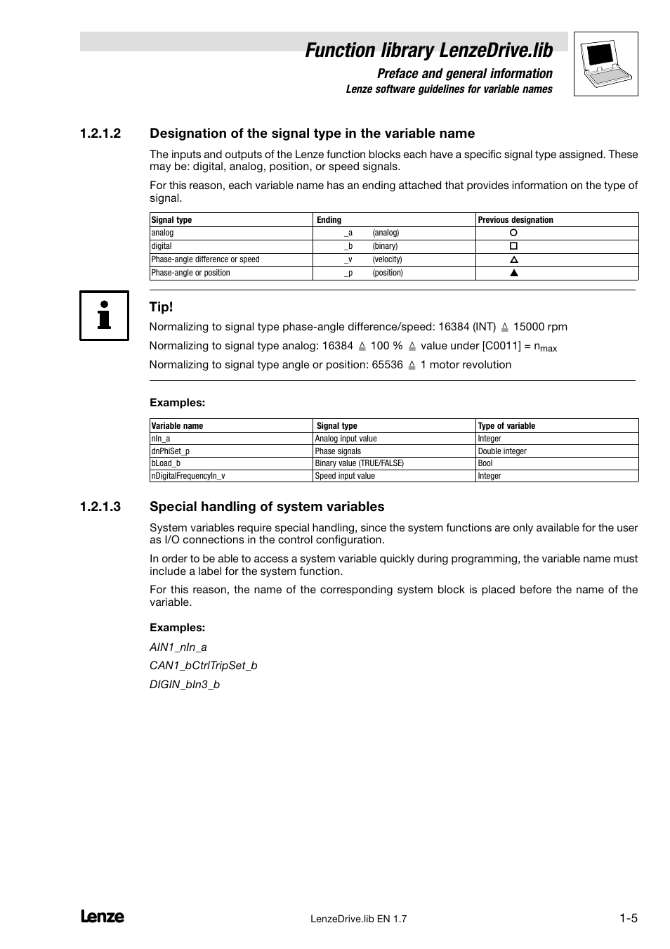 Special handling of system variables, Function library lenzedrive.lib, Preface and general information | 3 special handling of system variables | Lenze DDS Function library Drive User Manual | Page 9 / 103