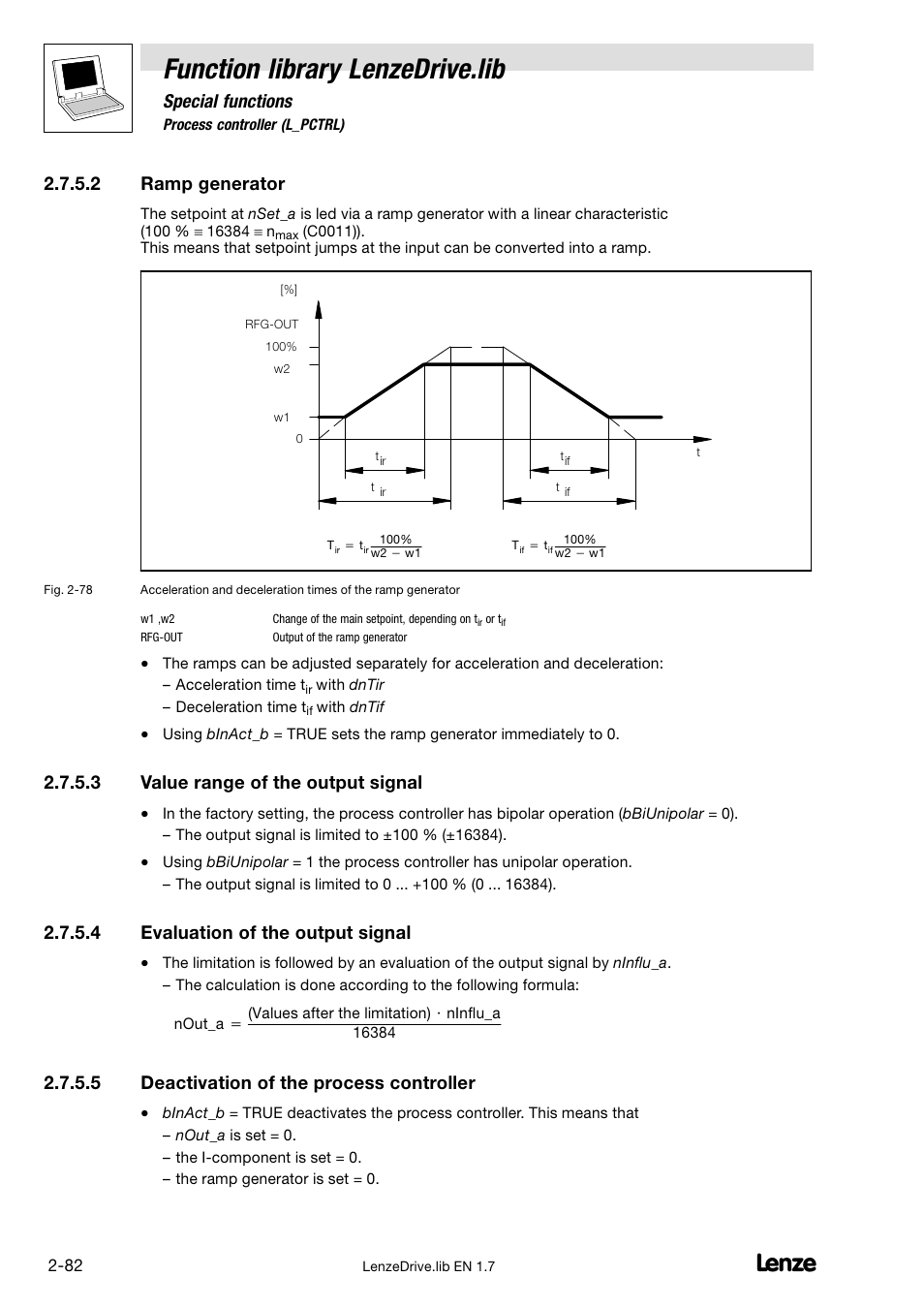 Function library lenzedrive.lib, Special functions, 2 ramp generator | 3 value range of the output signal, 4 evaluation of the output signal, 5 deactivation of the process controller | Lenze DDS Function library Drive User Manual | Page 92 / 103