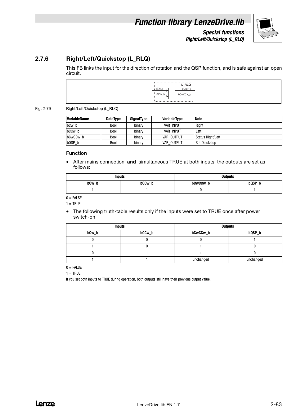6 right/left/quickstop (l_rlq), Right/left/quickstop (l_rlq), Function library lenzedrive.lib | Special functions | Lenze DDS Function library Drive User Manual | Page 93 / 103