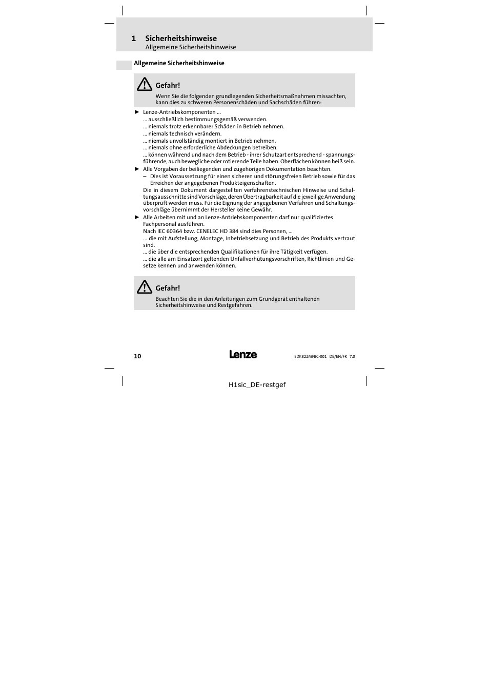 Allgemeine sicherheitshinweise, 1 sicherheitshinweise | Lenze E82ZMFBC001 User Manual | Page 10 / 82
