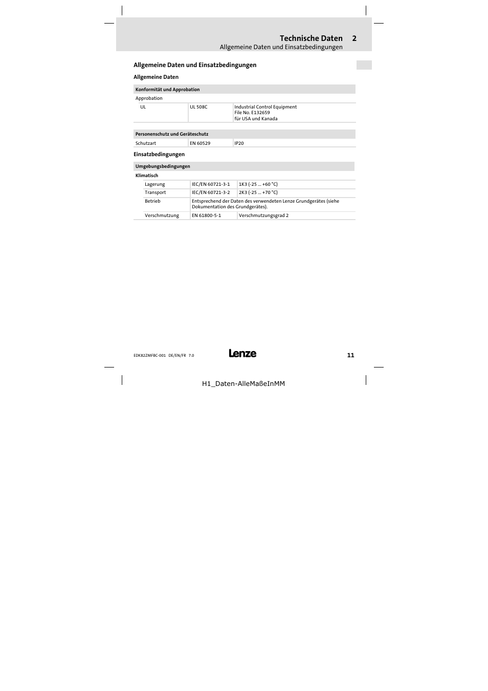 2 technische daten, Allgemeine daten und einsatzbedingungen, Technische daten | Lenze E82ZMFBC001 User Manual | Page 11 / 82