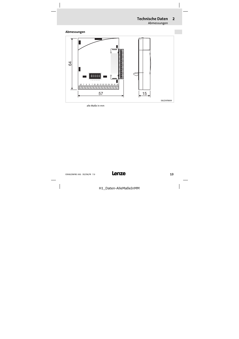 Abmessungen, Technische daten | Lenze E82ZMFBC001 User Manual | Page 13 / 82