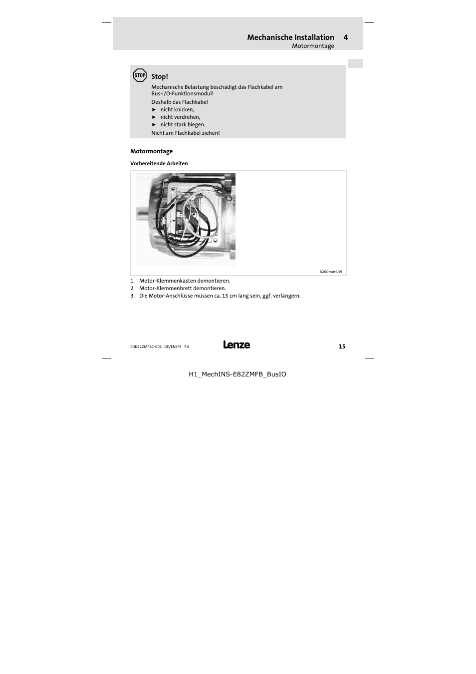 4 mechanische installation, Motormontage, Mechanische installation | Lenze E82ZMFBC001 User Manual | Page 15 / 82