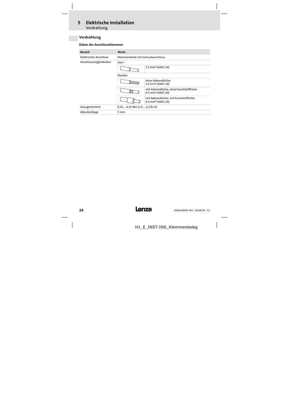 Verdrahtung, 5 elektrische installation | Lenze E82ZMFBC001 User Manual | Page 24 / 82