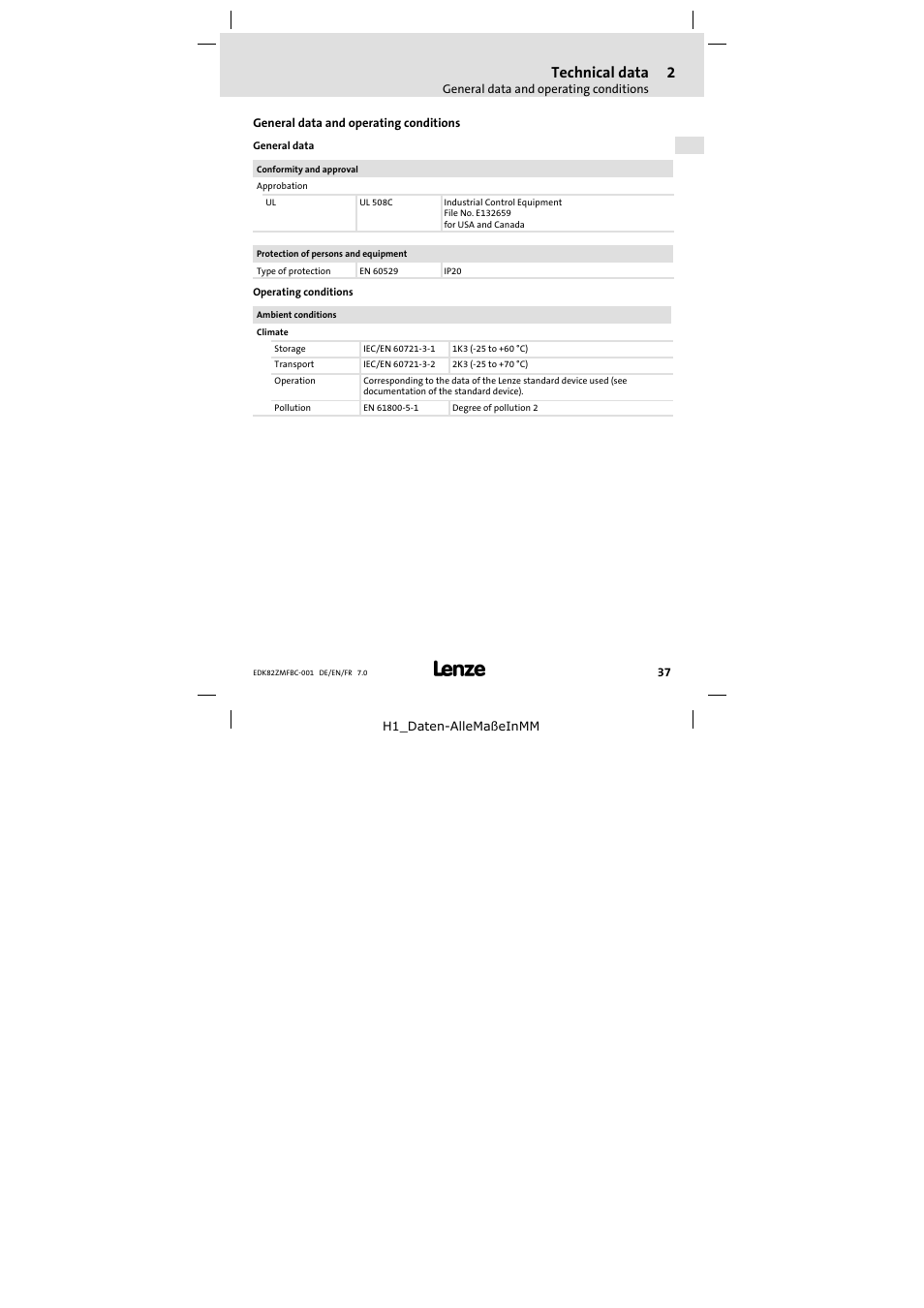 2 technical data, General data and operating conditions, Technical data | Lenze E82ZMFBC001 User Manual | Page 37 / 82