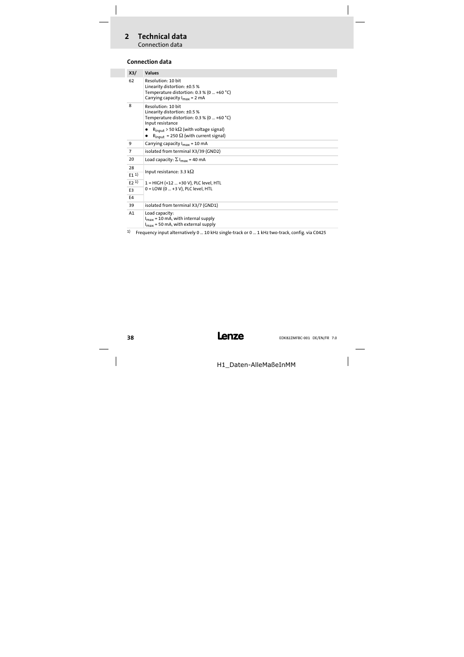 Connection data, 2 technical data | Lenze E82ZMFBC001 User Manual | Page 38 / 82