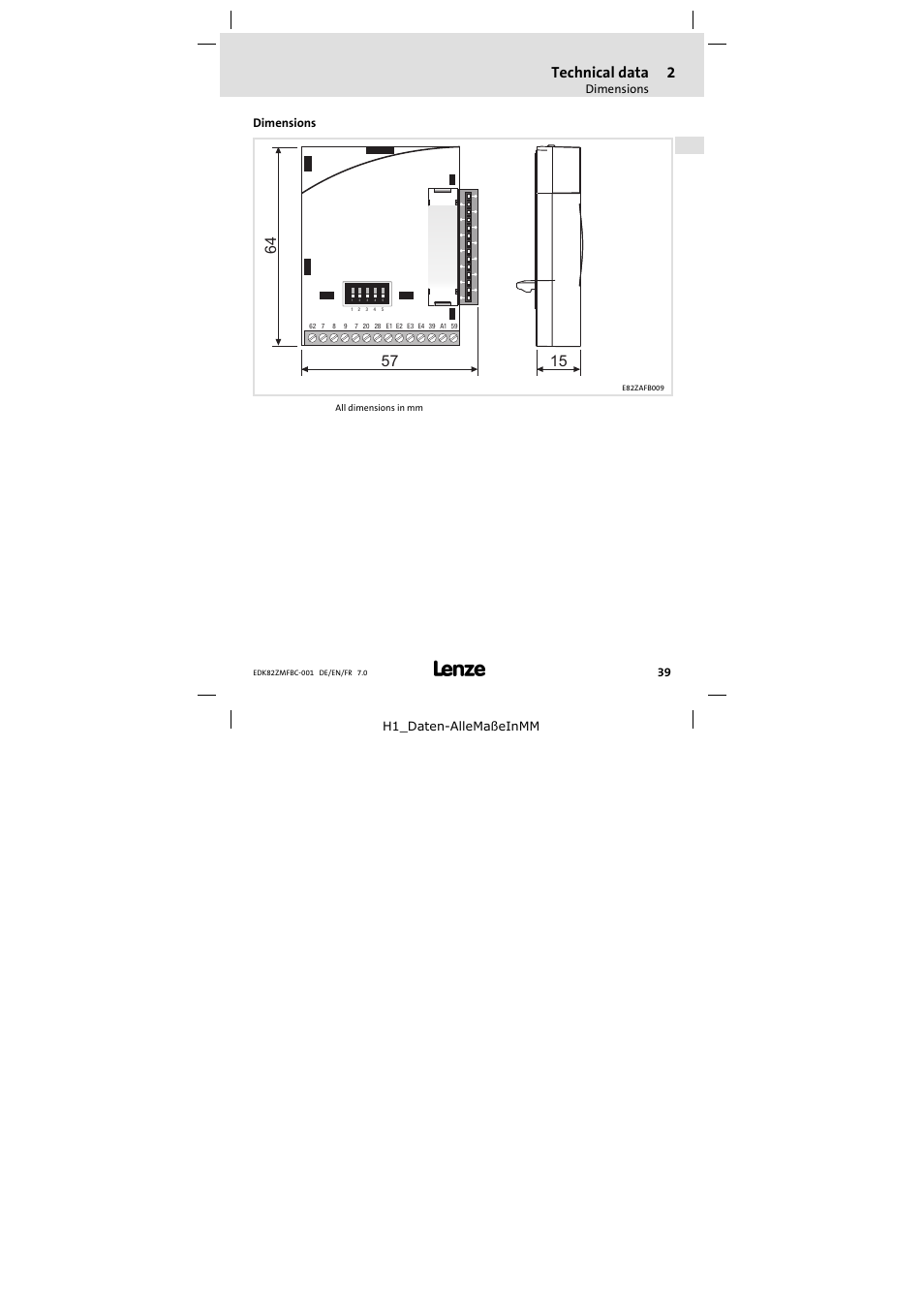 Dimensions, Technical data | Lenze E82ZMFBC001 User Manual | Page 39 / 82