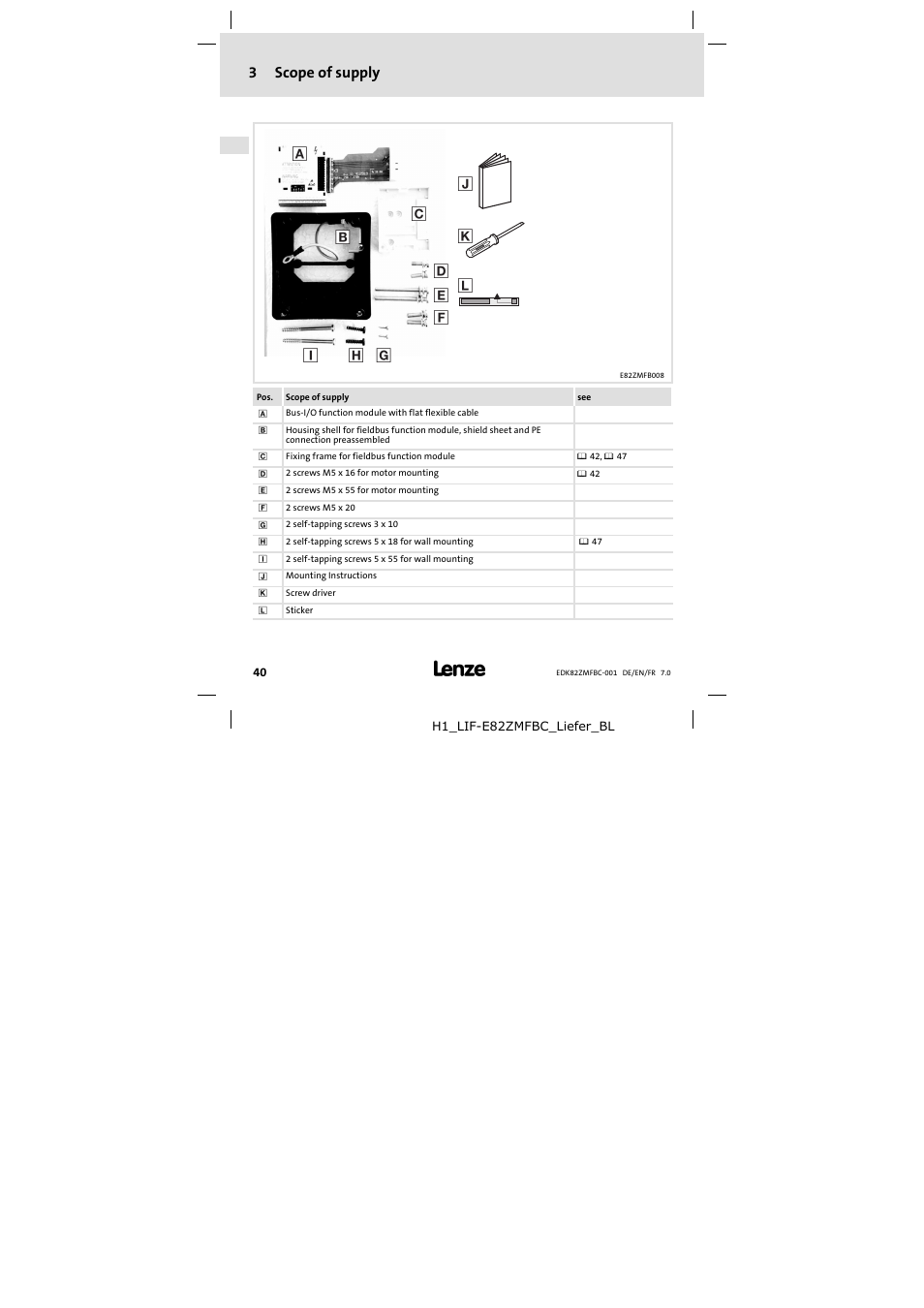 3 scope of supply, Scope of supply | Lenze E82ZMFBC001 User Manual | Page 40 / 82