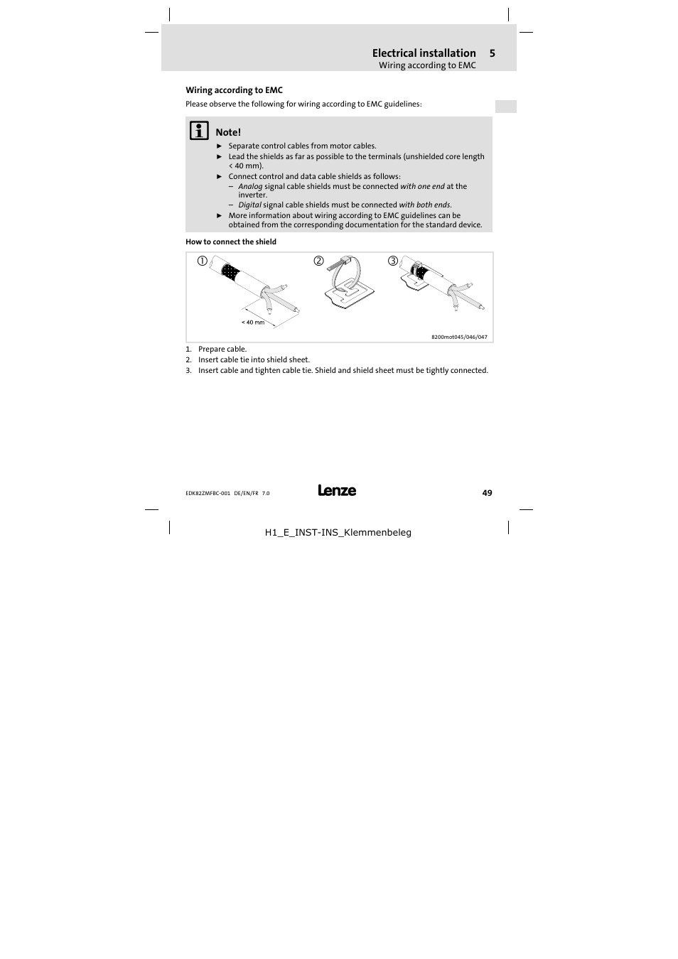5 electrical installation, Wiring according to emc, Electrical installation | Cd e | Lenze E82ZMFBC001 User Manual | Page 49 / 82