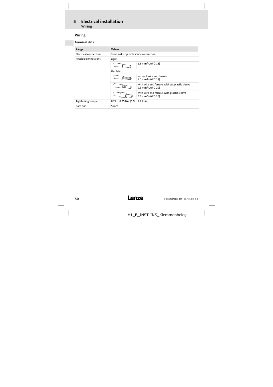 Wiring, 5 electrical installation | Lenze E82ZMFBC001 User Manual | Page 50 / 82