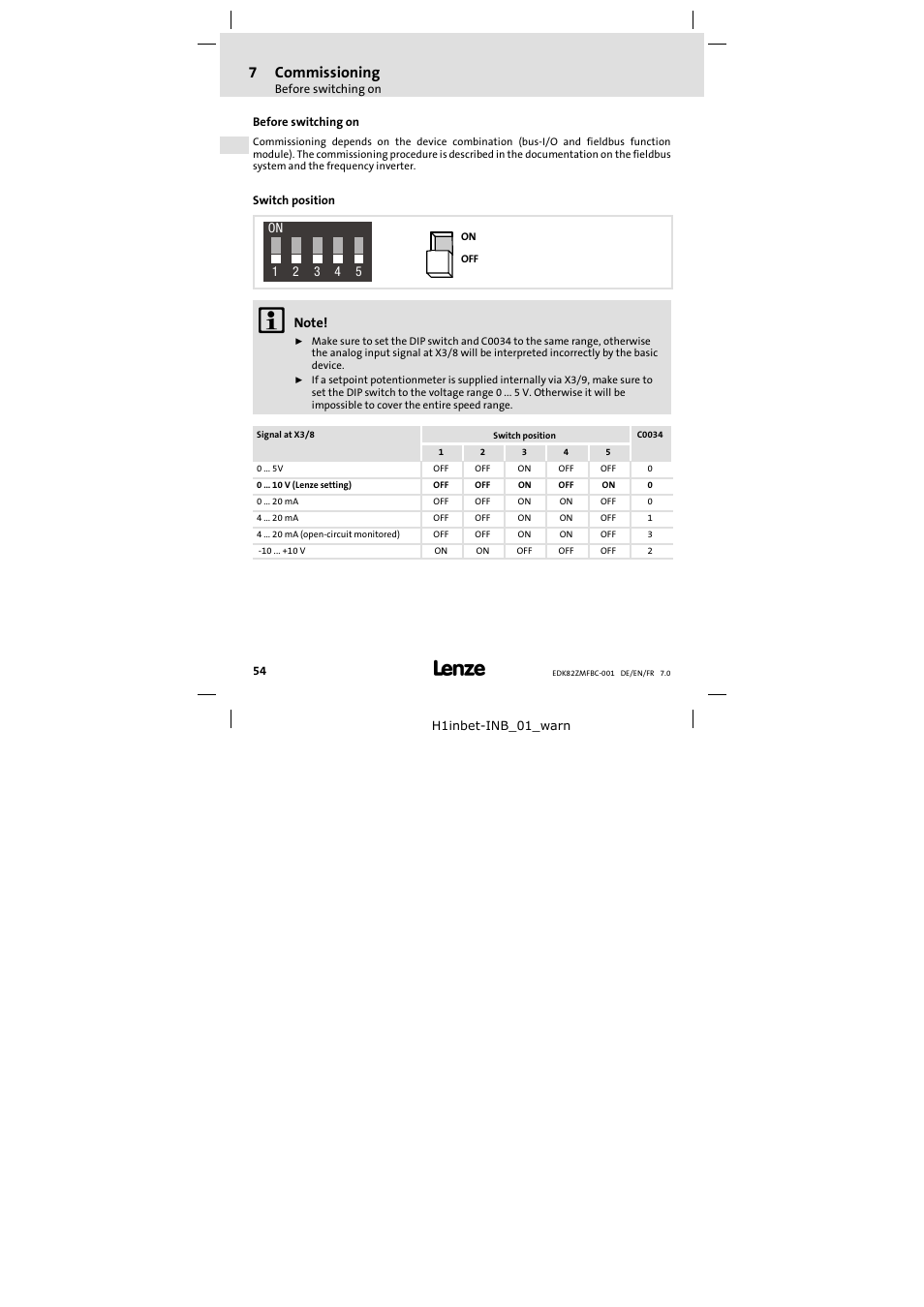 7 commissioning, Before switching on, Switch position | Commissioning | Lenze E82ZMFBC001 User Manual | Page 54 / 82