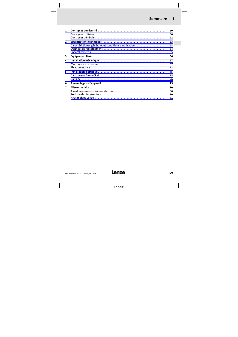 Sommaire, Sommaire i | Lenze E82ZMFBC001 User Manual | Page 59 / 82