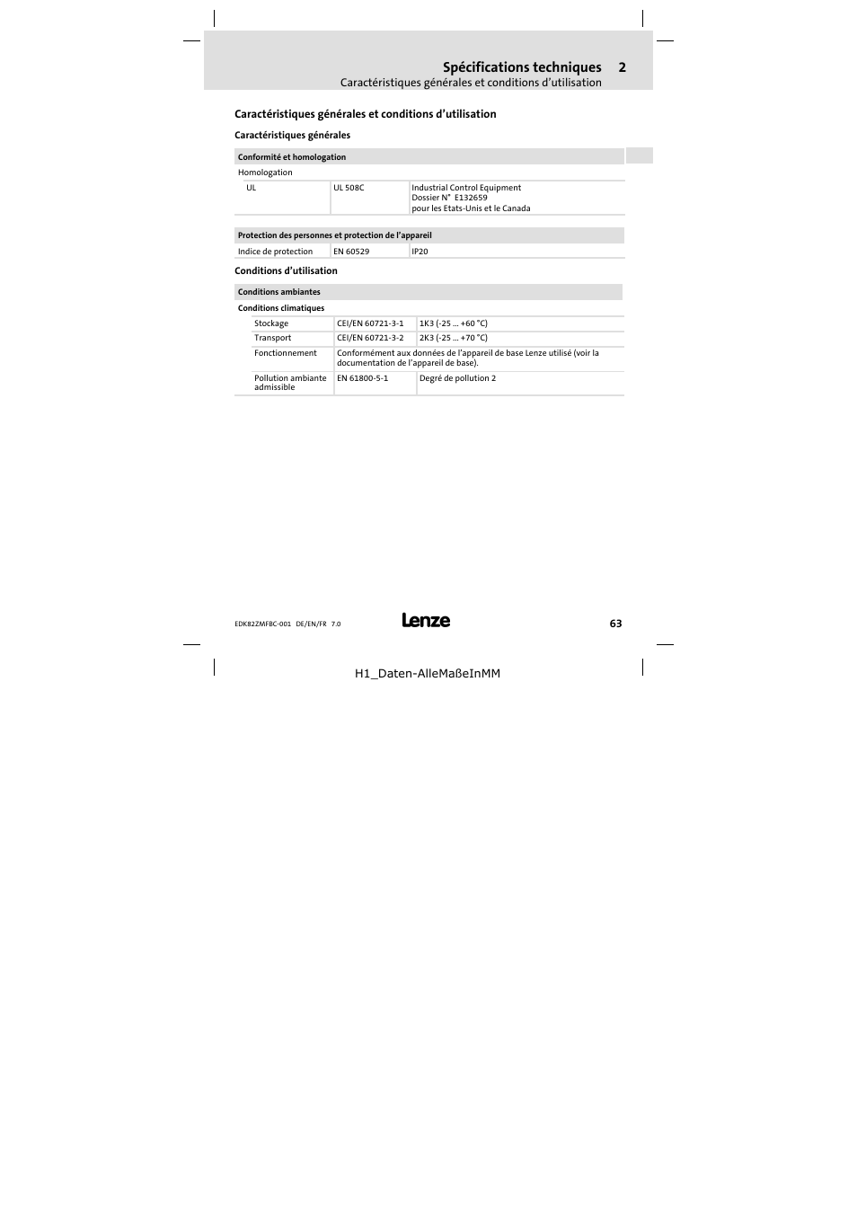 2 spécifications techniques, Spécifications techniques | Lenze E82ZMFBC001 User Manual | Page 63 / 82