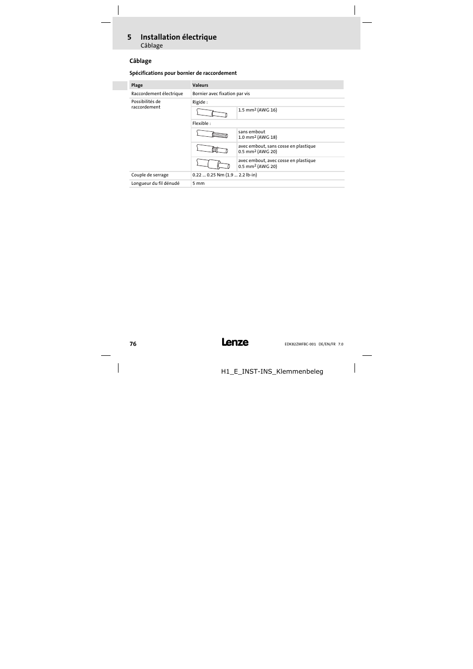 Câblage, 5 installation électrique | Lenze E82ZMFBC001 User Manual | Page 76 / 82