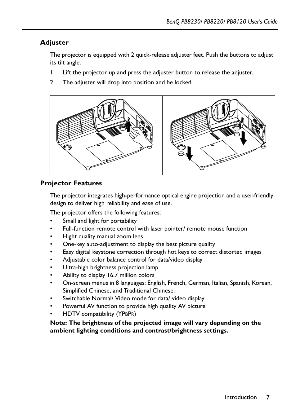 The adjuster will drop into position and be locked, Adjuster projector features | BenQ PB8220 User Manual | Page 11 / 34