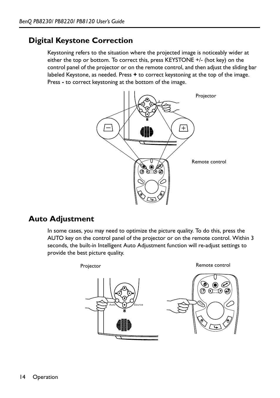 Digital keystone correction, Auto adjustment | BenQ PB8220 User Manual | Page 18 / 34