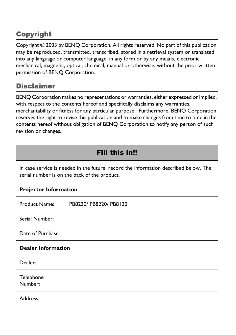 Copyright, Disclaimer, Fill this in | BenQ PB8220 User Manual | Page 2 / 34
