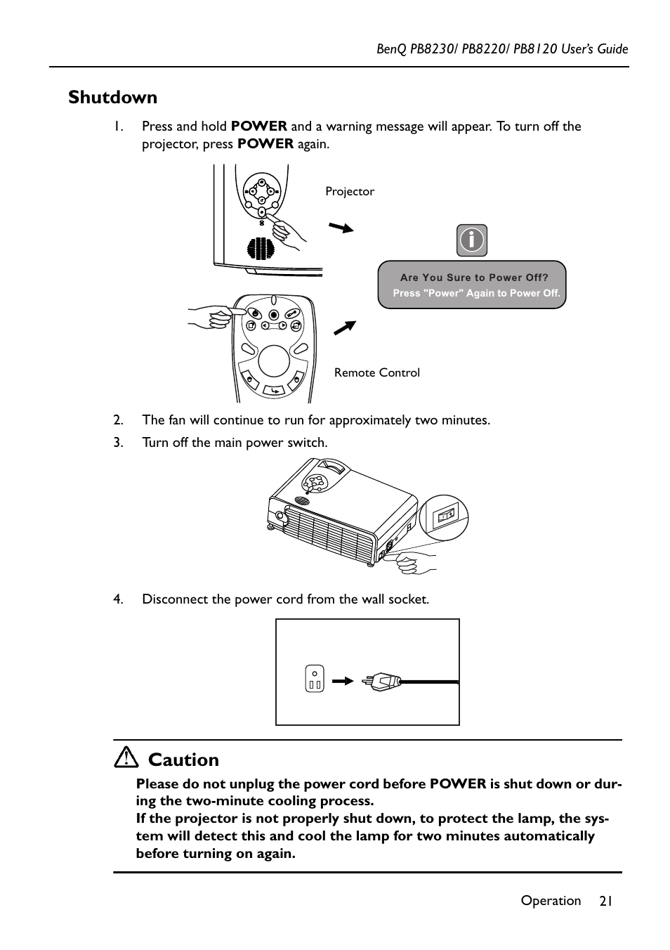 Turn off the main power switch, Disconnect the power cord from the wall socket, Shutdown | Caution | BenQ PB8220 User Manual | Page 25 / 34