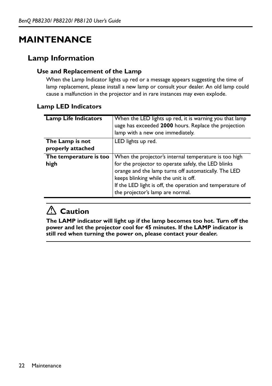 Maintenance, Lamp information, Use and replacement of the lamp | Lamp led indicators, Caution | BenQ PB8220 User Manual | Page 26 / 34