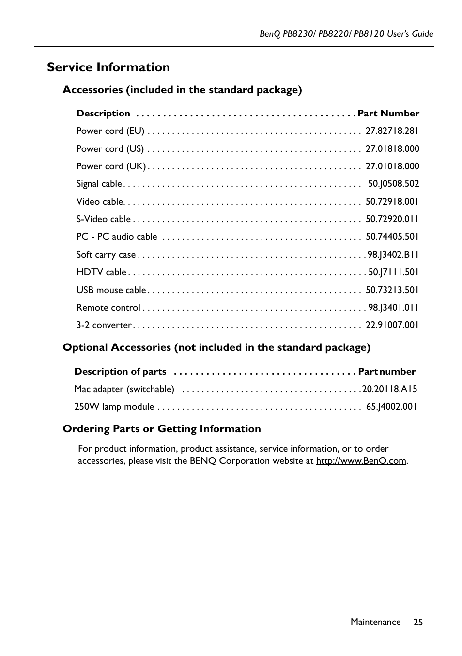 Service information | BenQ PB8220 User Manual | Page 29 / 34