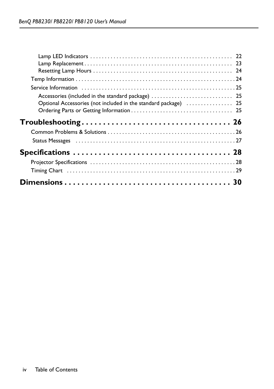 Troubleshooting, Specifications, Dimensions | BenQ PB8220 User Manual | Page 4 / 34