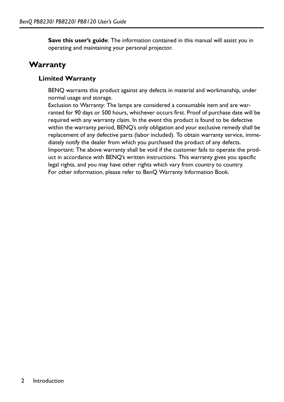 Warranty, Limited warranty | BenQ PB8220 User Manual | Page 6 / 34