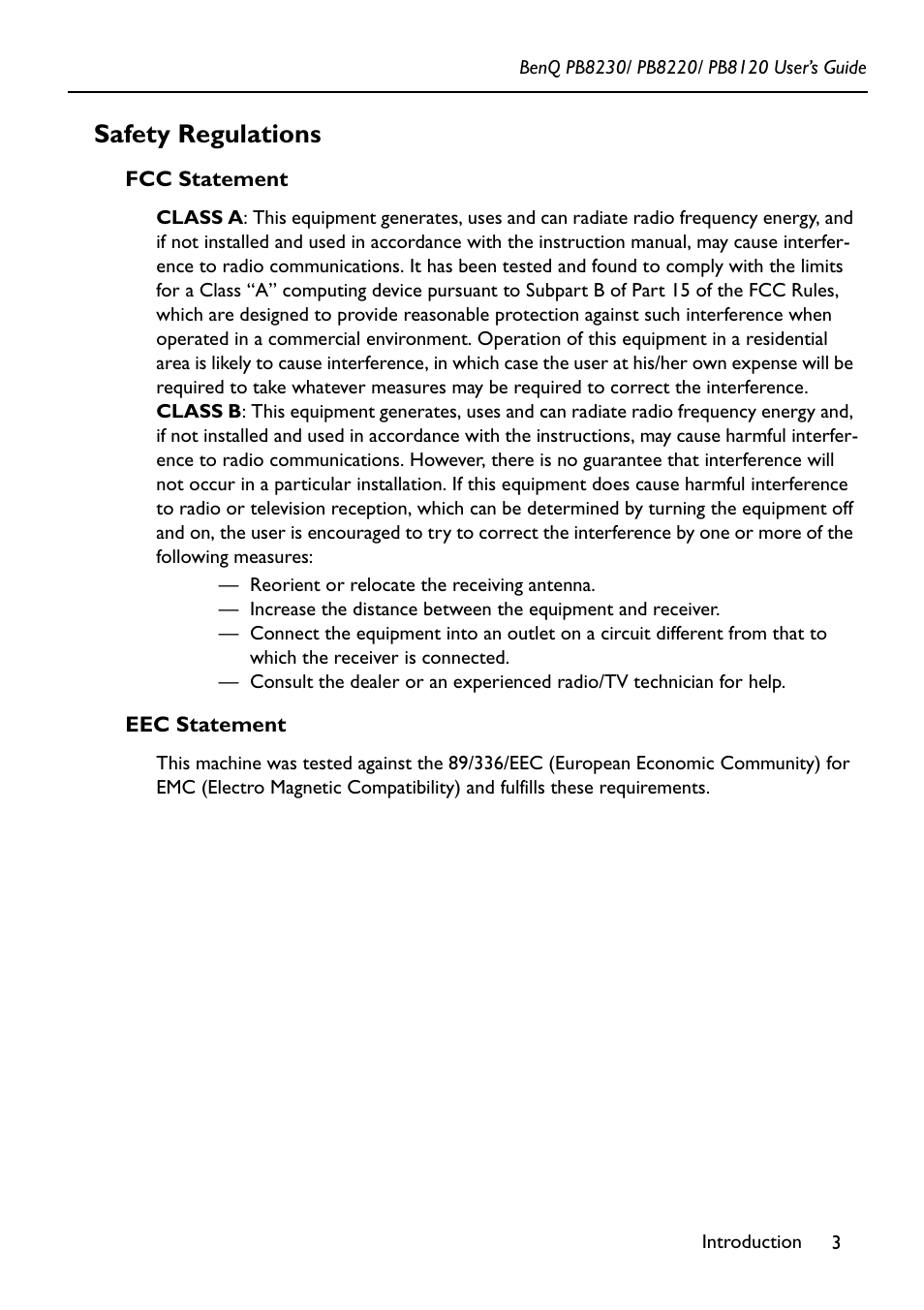 Safety regulations, Fcc statement eec statement | BenQ PB8220 User Manual | Page 7 / 34