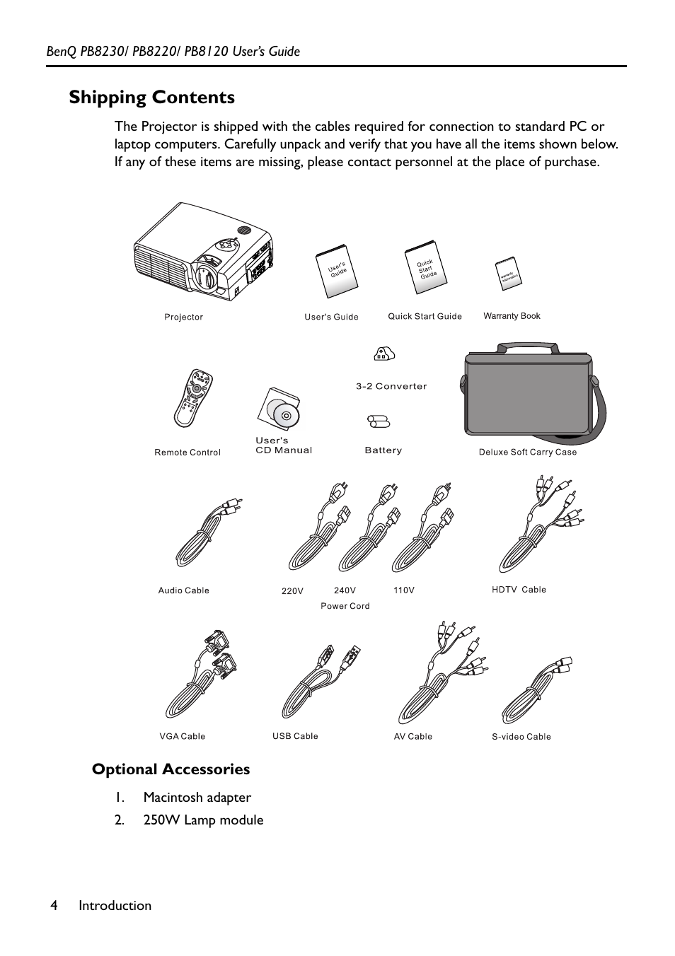 Macintosh adapter, 250w lamp module, Shipping contents | Optional accessories | BenQ PB8220 User Manual | Page 8 / 34