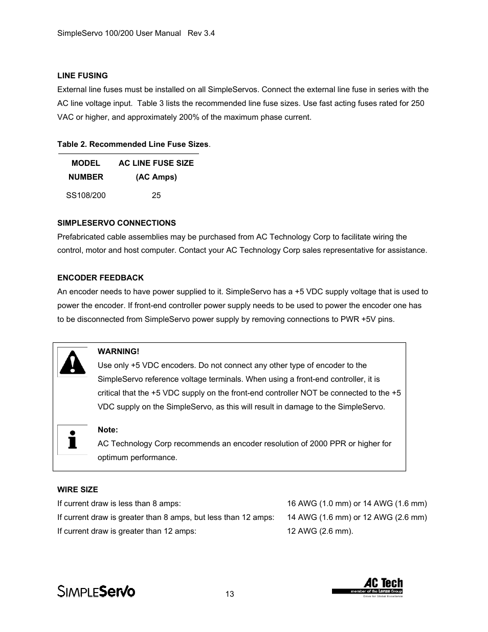Line fusing, Simpleservo connections, Encoder feedback | Wire size | Lenze SS208AC User Manual | Page 13 / 31