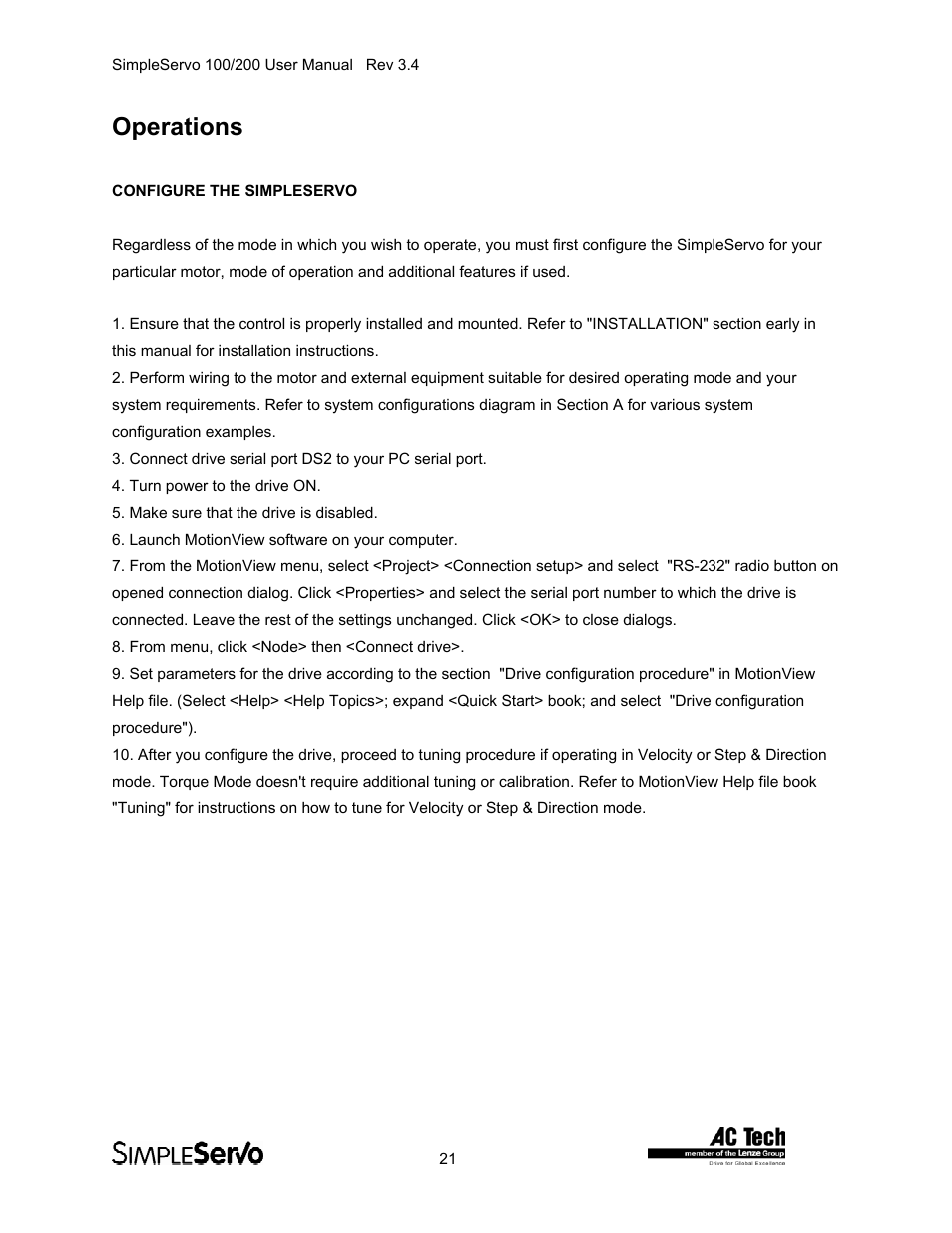 Operations, Configure the simpleservo | Lenze SS208AC User Manual | Page 21 / 31
