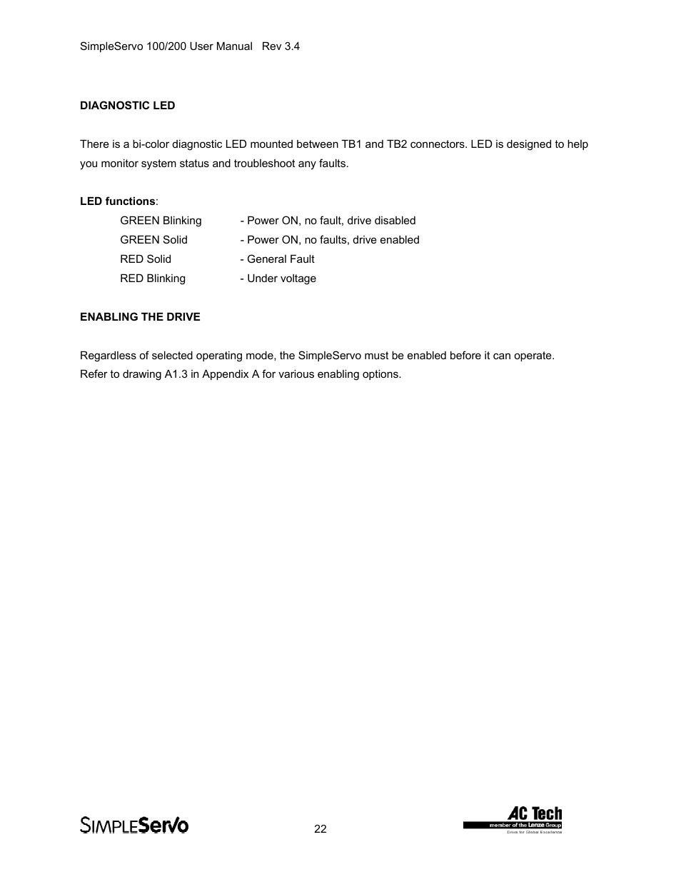 Diagnostic led, Enabling the drive | Lenze SS208AC User Manual | Page 22 / 31