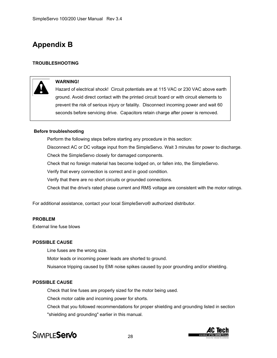 Appendix b, Troubleshooting | Lenze SS208AC User Manual | Page 28 / 31