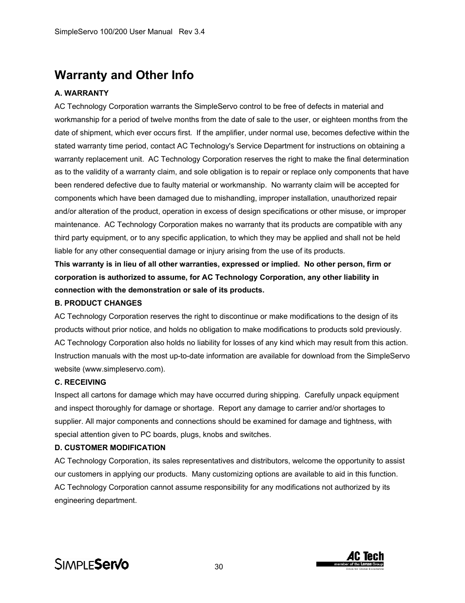 Warranty and other info, A. warranty, B. product changes | C. receiving, D. customer modification | Lenze SS208AC User Manual | Page 30 / 31