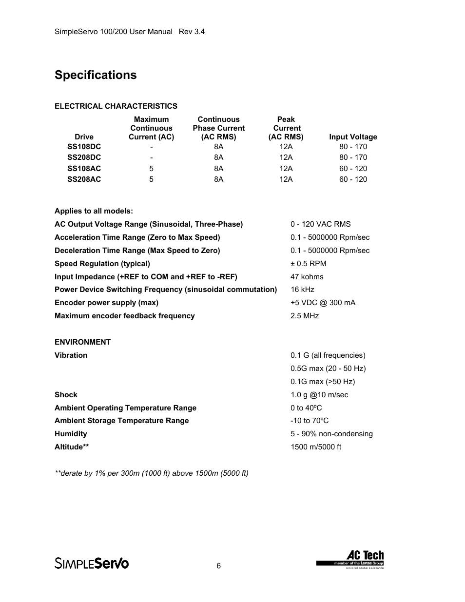 Specifications, Electrical characteristics, Environment | Lenze SS208AC User Manual | Page 6 / 31