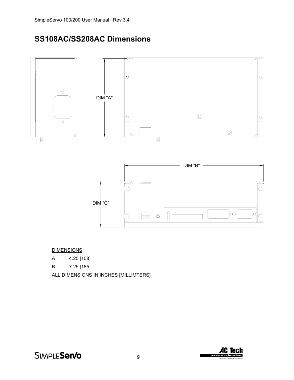 Ss108ac/ss208ac dimensions | Lenze SS208AC User Manual | Page 9 / 31