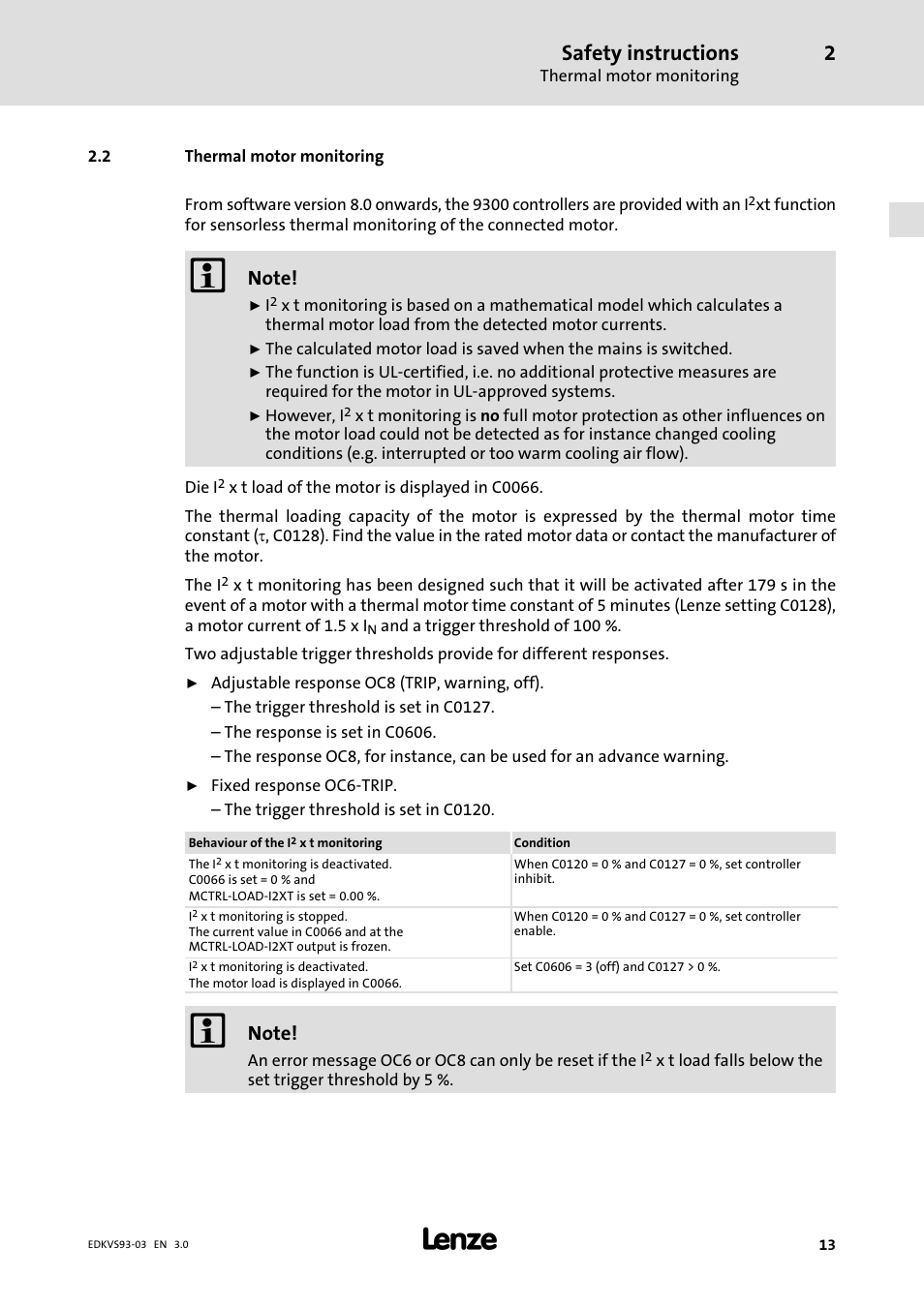 Thermal motor monitoring, Safety instructions | Lenze VS9332−xx User Manual | Page 13 / 46